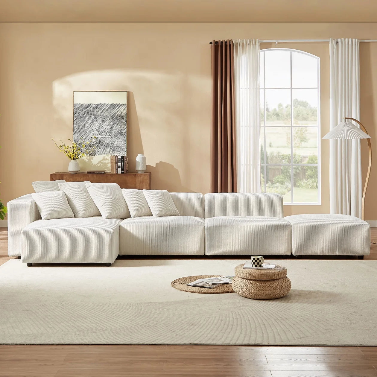 155" Sectional Modular Sofa, Modern L-Shaped Corduroy Upholstered Deep Seat Corner Sofa 4-Piece Set with Reversible Chaise, Minimalist Style Couch for Living Room, Apartment, Office, Gray