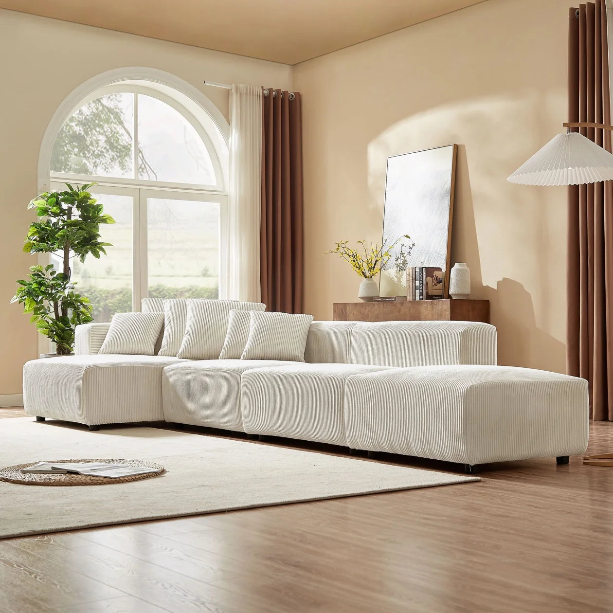 155" Sectional Modular Sofa, Modern L-Shaped Corduroy Upholstered Deep Seat Corner Sofa 4-Piece Set with Reversible Chaise, Minimalist Style Couch for Living Room, Apartment, Office, Gray