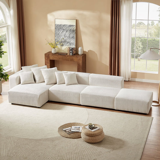 155" Sectional Modular Sofa, Modern L-Shaped Corduroy Upholstered Deep Seat Corner Sofa 4-Piece Set with Reversible Chaise, Minimalist Style Couch for Living Room, Apartment, Office, Gray
